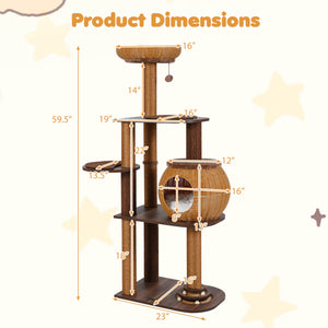 59.5 Inch Cat Tree Multi-Level Cat Tower with PE Rattan Cat Condo and Top Perch-Brown