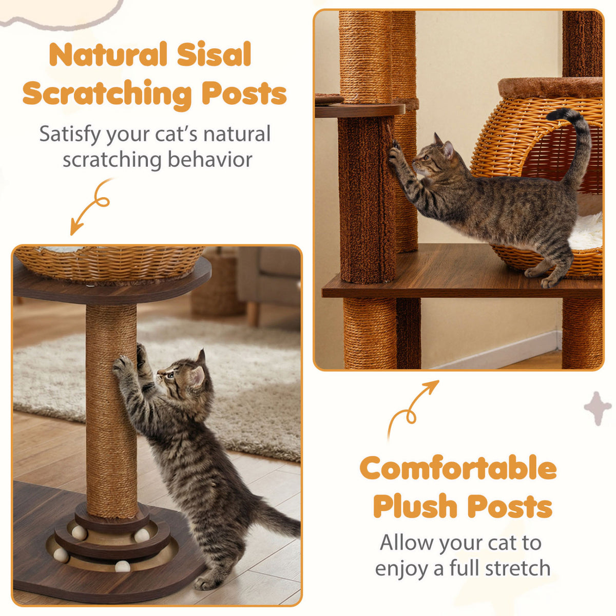 59.5 Inch Cat Tree Multi-Level Cat Tower with PE Rattan Cat Condo and Top Perch-Brown