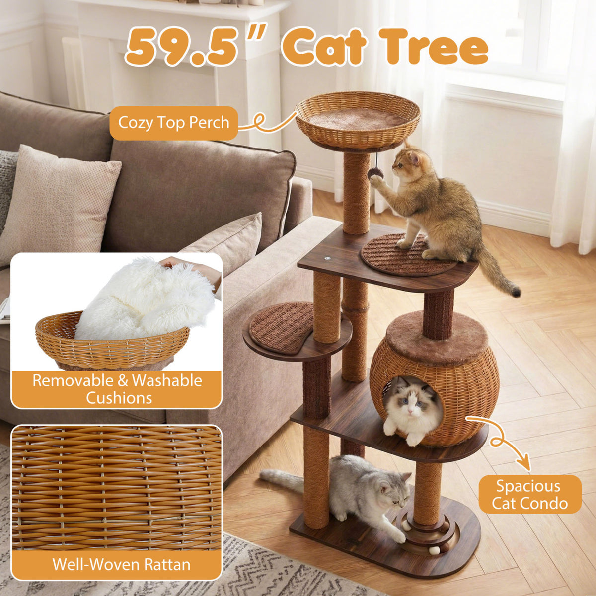 59.5 Inch Cat Tree Multi-Level Cat Tower with PE Rattan Cat Condo and Top Perch-Brown