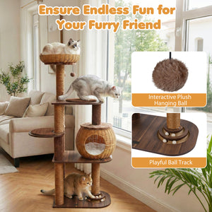 59.5 Inch Cat Tree Multi-Level Cat Tower with PE Rattan Cat Condo and Top Perch-Brown