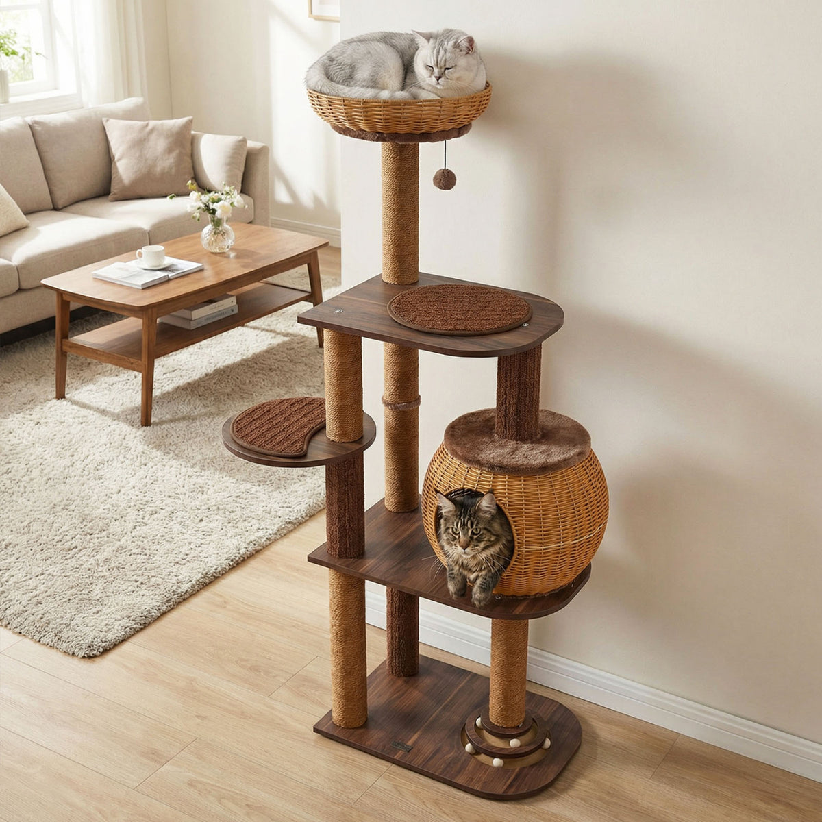 59.5 Inch Cat Tree Multi-Level Cat Tower with PE Rattan Cat Condo and Top Perch-Brown