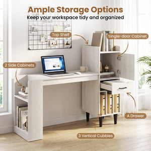 59" Home Office Desk with Side Storage Shelves and Drawer Cabinets for Bedroom-White