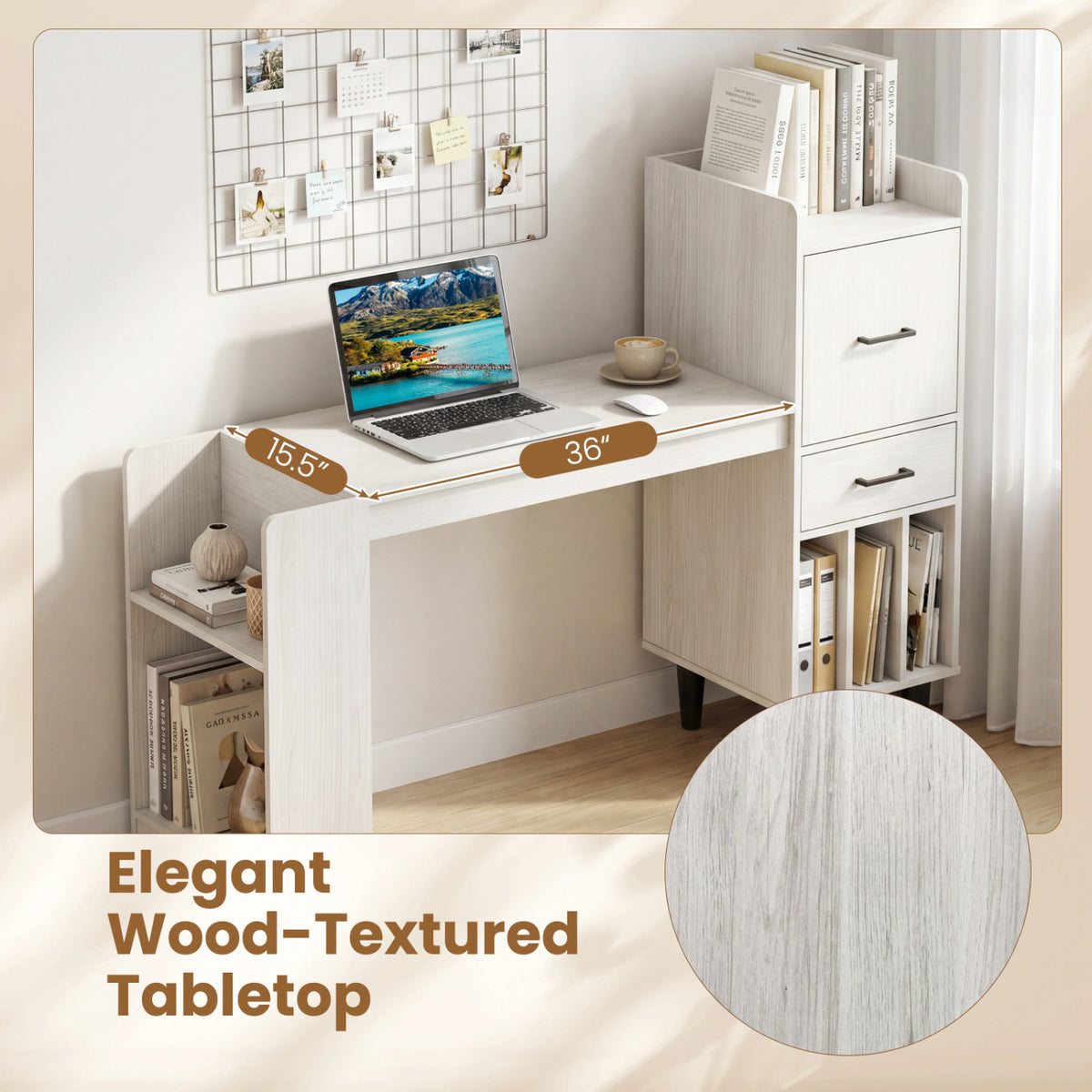 59" Home Office Desk with Side Storage Shelves and Drawer Cabinets for Bedroom-White