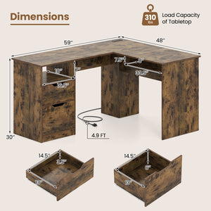 59" L-Shaped Executive Desk with Power Outlets Drawers and Bookshelf for Working Gaming Writing-Rustic