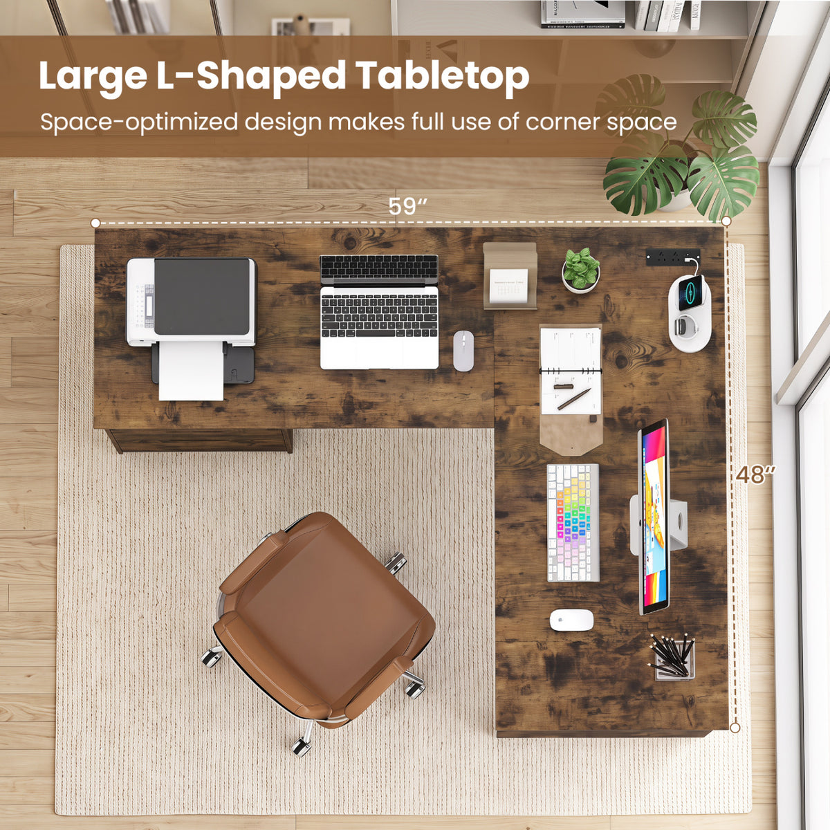 59" L-Shaped Executive Desk with Power Outlets Drawers and Bookshelf for Working Gaming Writing-Rustic