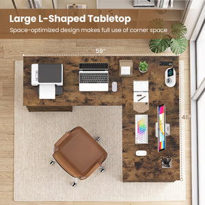 59" L-Shaped Executive Desk with Power Outlets Drawers and Bookshelf for Working Gaming Writing-Rustic