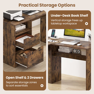 59" L-Shaped Executive Desk with Power Outlets Drawers and Bookshelf for Working Gaming Writing-Rustic