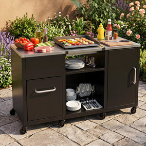 59" Outdoor Grill Table with 2 Removable Shelves and Stainless Steel Top-Black