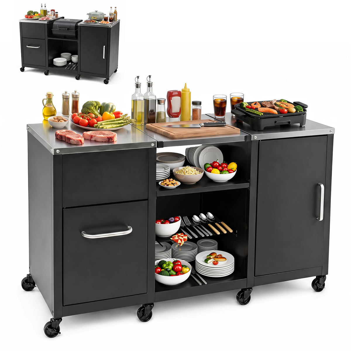 59" Outdoor Grill Table with 2 Removable Shelves and Stainless Steel Top-Black