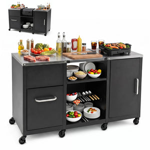 59" Outdoor Grill Table with 2 Removable Shelves and Stainless Steel Top-Black