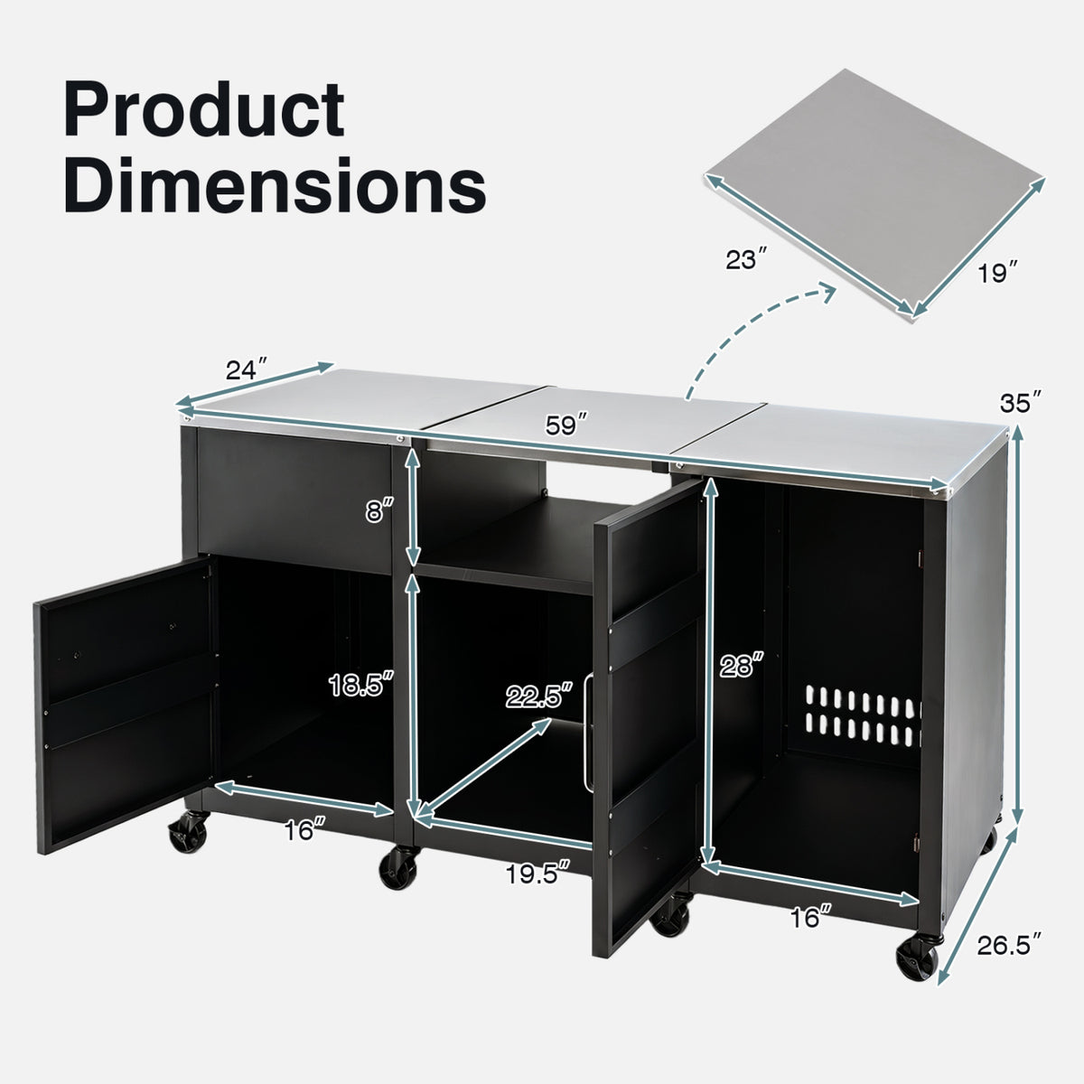 59" Outdoor Grill Table with 2 Removable Shelves and Stainless Steel Top-Black