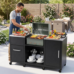 59" Outdoor Grill Table with 2 Removable Shelves and Stainless Steel Top-Black