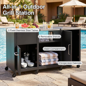 59" Outdoor Grill Table with 2 Removable Shelves and Stainless Steel Top-Black