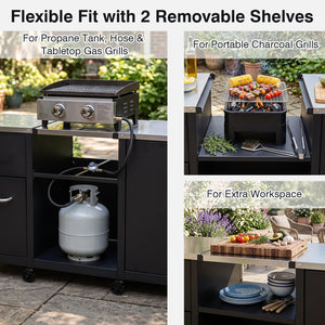 59" Outdoor Grill Table with 2 Removable Shelves and Stainless Steel Top-Black