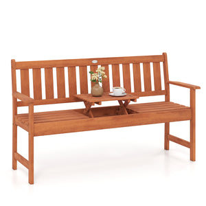 59" Outdoor Wood Garden Bench with Pull-Out Center Table