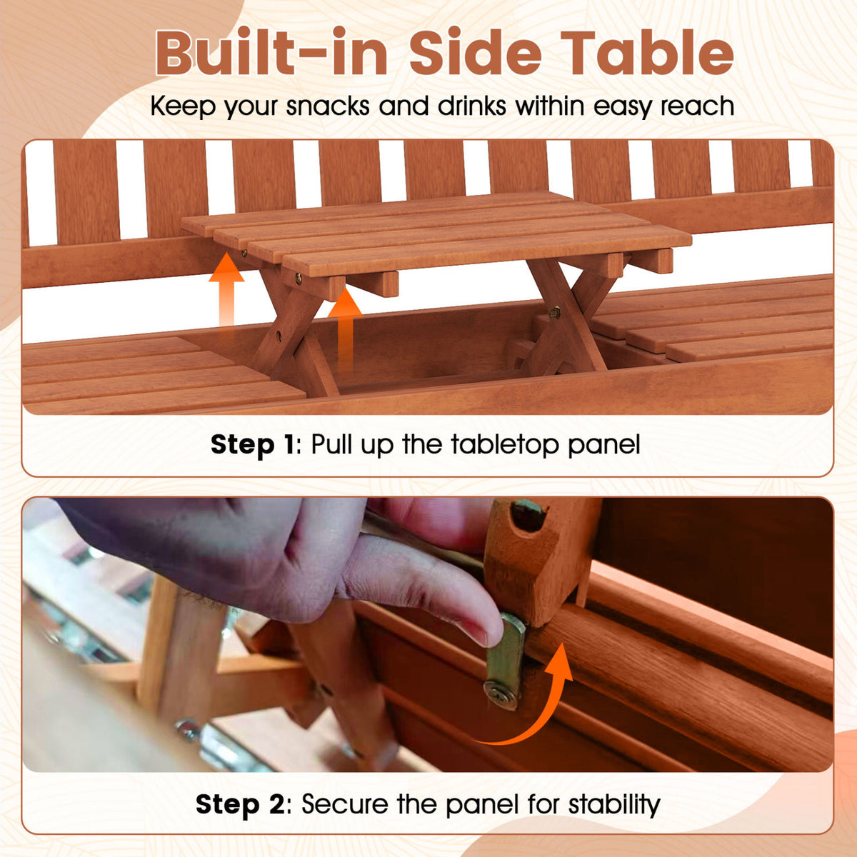 59" Outdoor Wood Garden Bench with Pull-Out Center Table