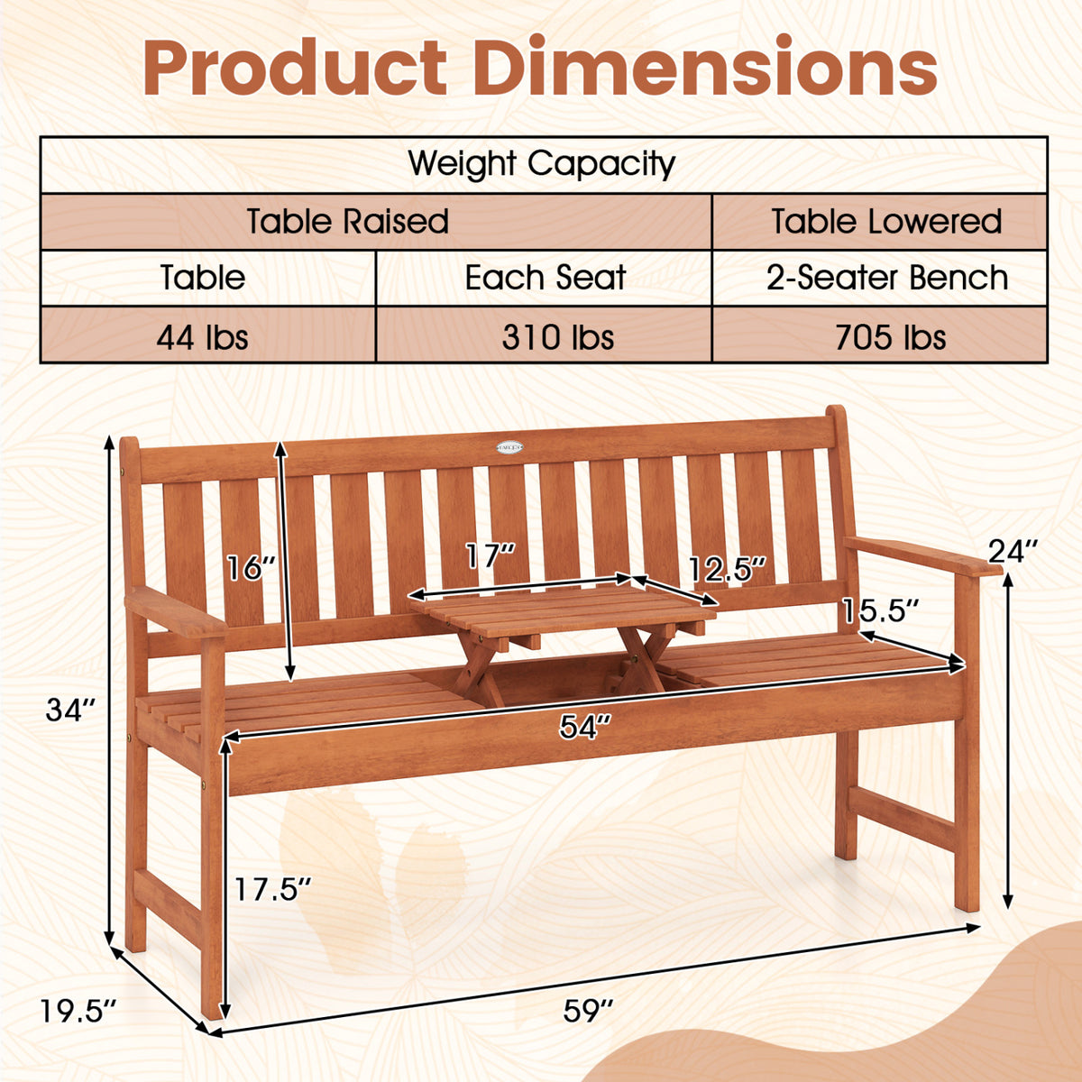 59" Outdoor Wood Garden Bench with Pull-Out Center Table