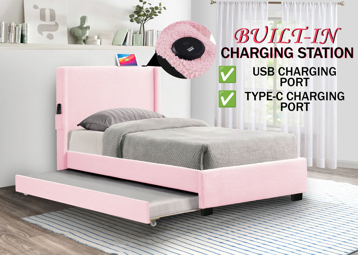 Twin Size Upholstered Bed Frame With Trundle Bed, Teddy Fabric, USB Functionality, And A Pocket Design On The Side Of The Headboard For Storing Small Items - Baby Pink by Couch.com