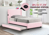Twin Size Upholstered Bed Frame With Trundle Bed, Teddy Fabric, USB Functionality, And A Pocket Design On The Side Of The Headboard For Storing Small Items - Baby Pink by Couch.com