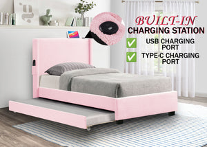 Couch.com Twin Size Upholstered Bed Frame With Trundle Bed, Teddy Fabric, USB Functionality, And A Pocket Design On The Side Of The Headboard For Storing Small Items Baby Pink, with Storage by Couch.com