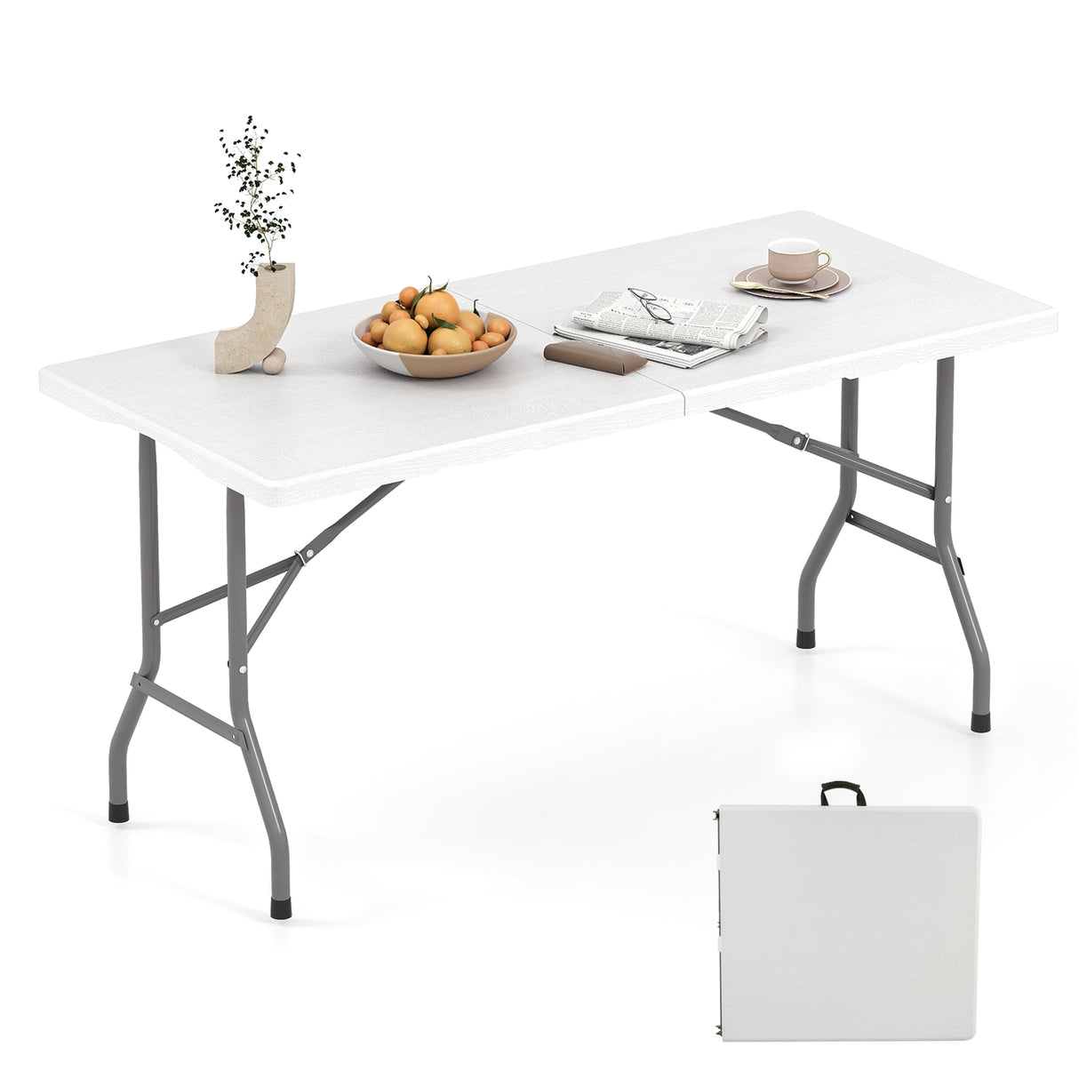 5FT Folding Picnic Table with Wood Grain HDPE Tabletop and  Non-slip Foot Pads-WH
