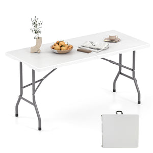 5FT Folding Picnic Table with Wood Grain HDPE Tabletop and  Non-slip Foot Pads-WH