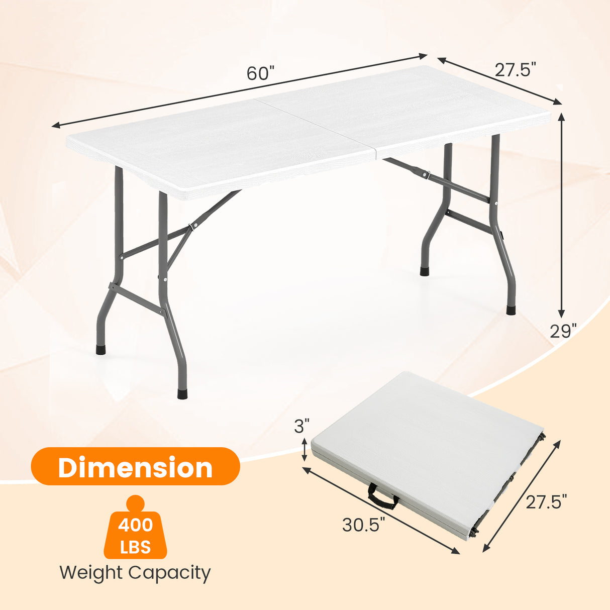 5FT Folding Picnic Table with Wood Grain HDPE Tabletop and  Non-slip Foot Pads-WH