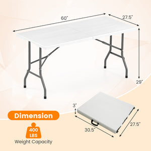 5FT Folding Picnic Table with Wood Grain HDPE Tabletop and  Non-slip Foot Pads-WH
