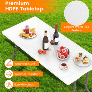 5FT Folding Picnic Table with Wood Grain HDPE Tabletop and  Non-slip Foot Pads-WH