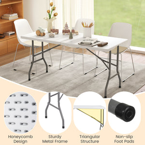 5FT Folding Picnic Table with Wood Grain HDPE Tabletop and  Non-slip Foot Pads-WH