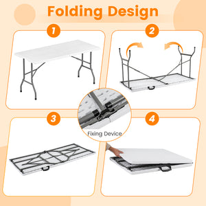 5FT Folding Picnic Table with Wood Grain HDPE Tabletop and  Non-slip Foot Pads-WH