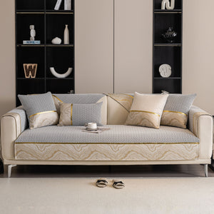 Non-Slip Couch Cover with Gold Trim, Sofa Slipcover for Sectional & Loveseat