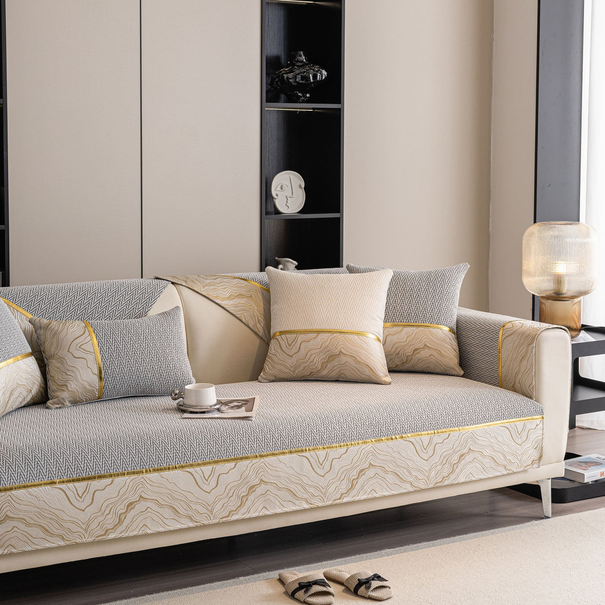Non-Slip Couch Cover with Gold Trim, Sofa Slipcover for Sectional & Loveseat