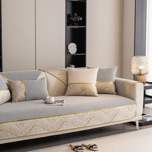 Non-Slip Couch Cover with Gold Trim, Sofa Slipcover for Sectional & Loveseat