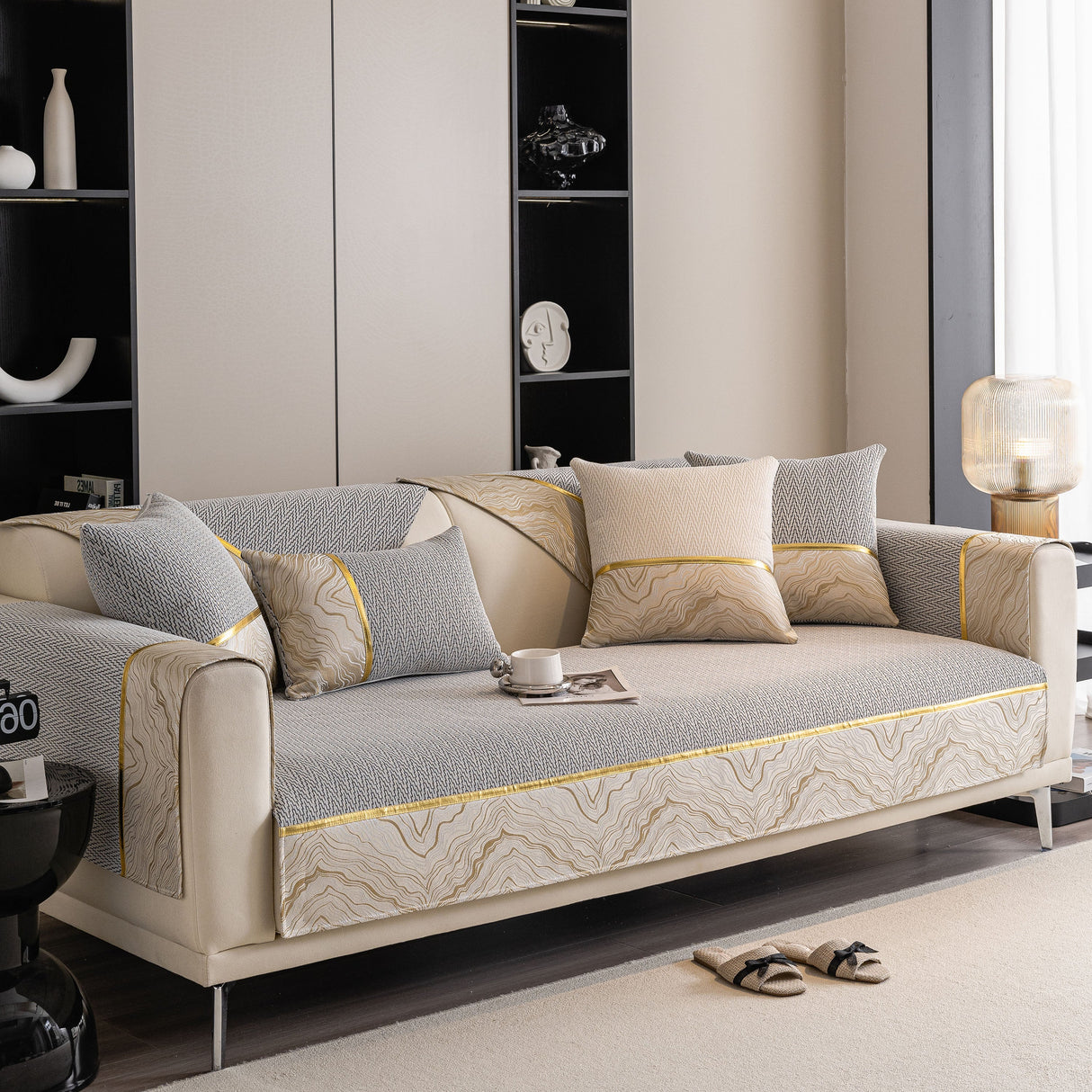Non-Slip Couch Cover with Gold Trim, Sofa Slipcover for Sectional & Loveseat