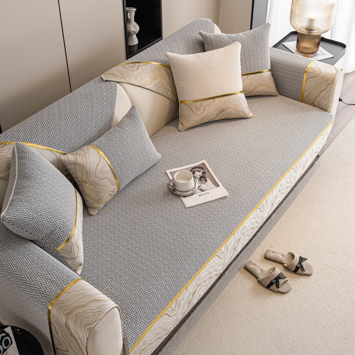 Non-Slip Couch Cover with Gold Trim, Sofa Slipcover for Sectional & Loveseat