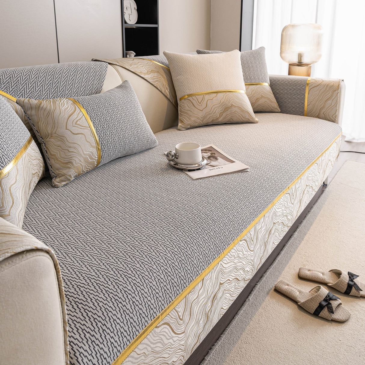 Non-Slip Couch Cover with Gold Trim, Sofa Slipcover for Sectional & Loveseat