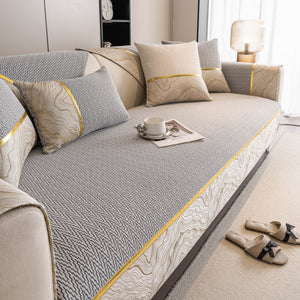 Non-Slip Couch Cover with Gold Trim, Sofa Slipcover for Sectional & Loveseat