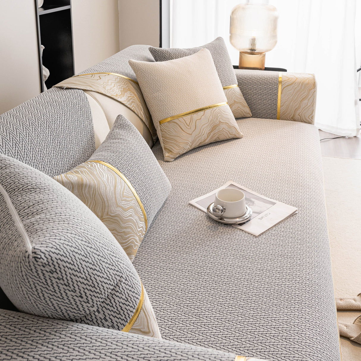Non-Slip Couch Cover with Gold Trim, Sofa Slipcover for Sectional & Loveseat