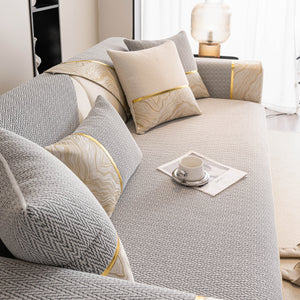 Non-Slip Couch Cover with Gold Trim, Sofa Slipcover for Sectional & Loveseat