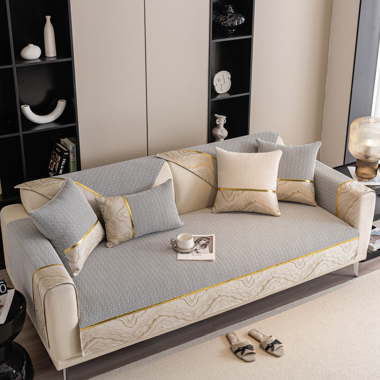 Non-Slip Couch Cover with Gold Trim, Sofa Slipcover for Sectional & Loveseat