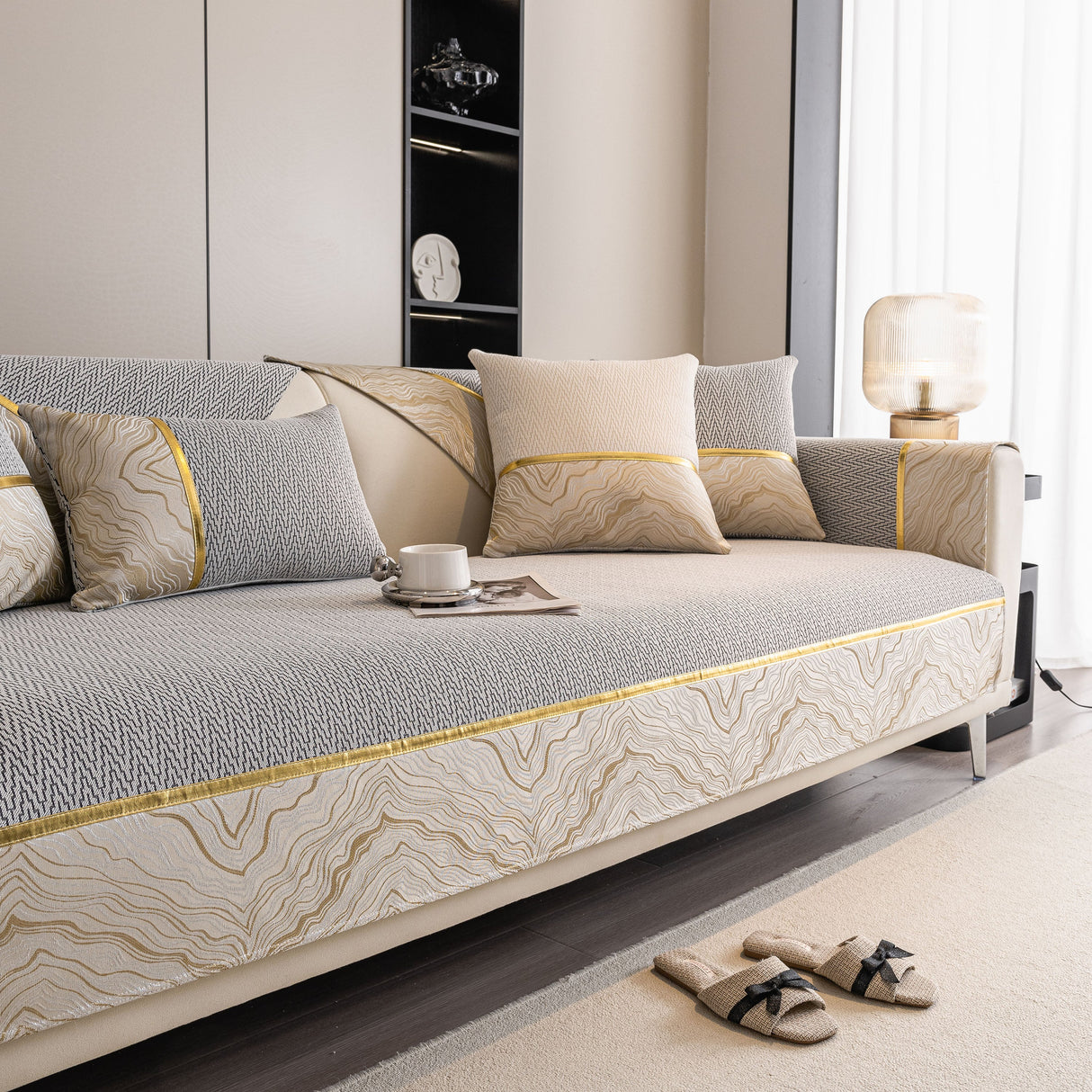 Non-Slip Couch Cover with Gold Trim, Sofa Slipcover for Sectional & Loveseat