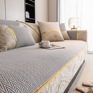 Non-Slip Couch Cover with Gold Trim, Sofa Slipcover for Sectional & Loveseat