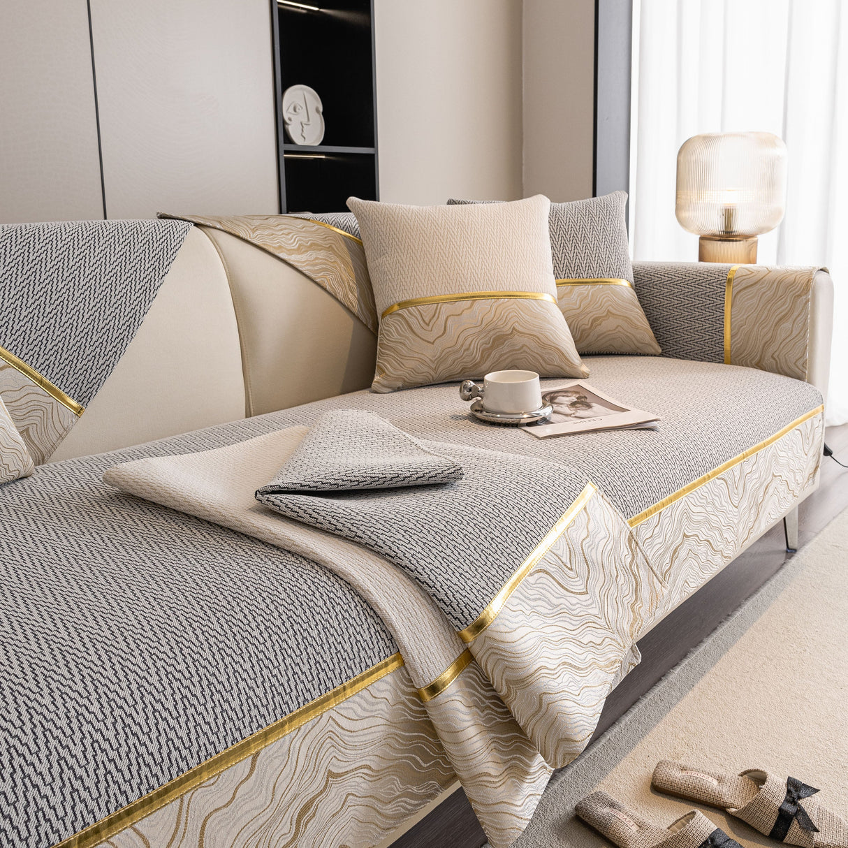 Non-Slip Couch Cover with Gold Trim, Sofa Slipcover for Sectional & Loveseat