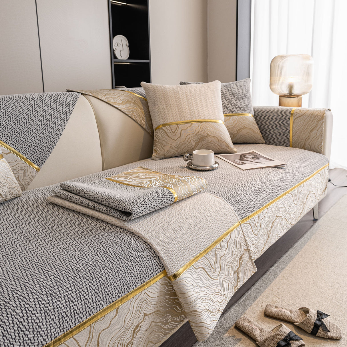 Non-Slip Couch Cover with Gold Trim, Sofa Slipcover for Sectional & Loveseat