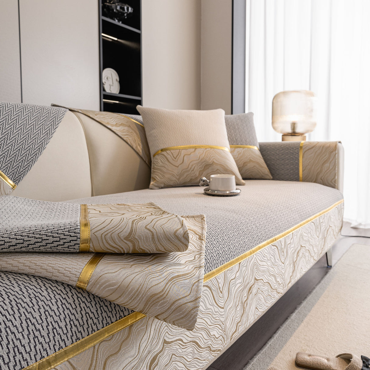 Non-Slip Couch Cover with Gold Trim, Sofa Slipcover for Sectional & Loveseat