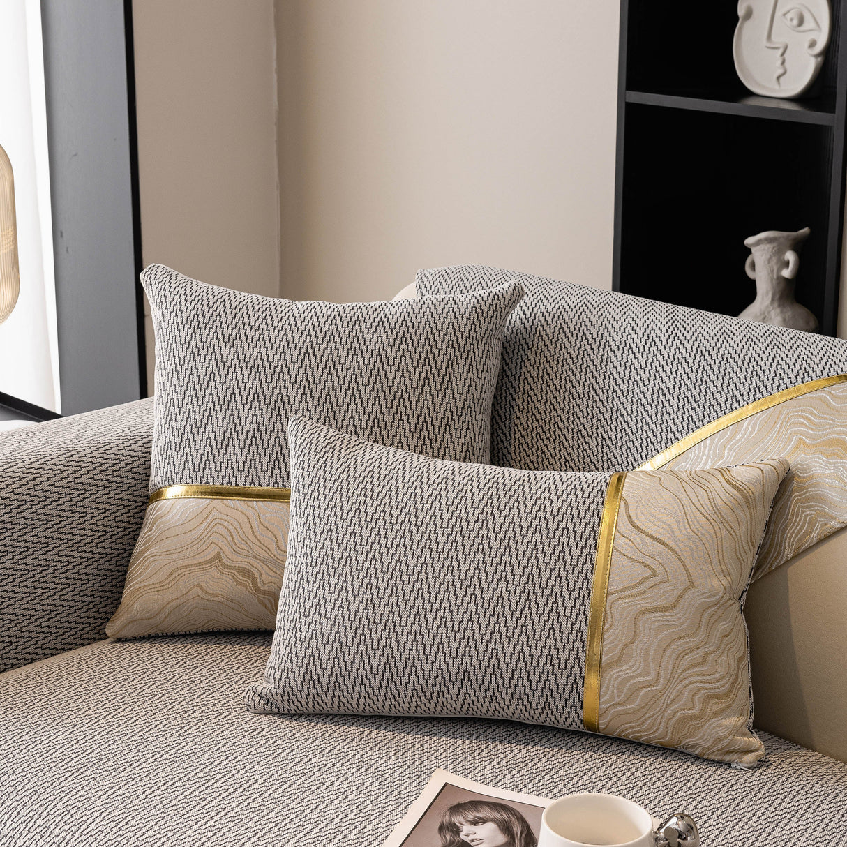 Non-Slip Couch Cover with Gold Trim, Sofa Slipcover for Sectional & Loveseat