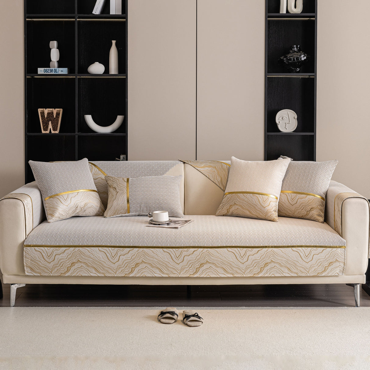 Non-Slip Couch Cover with Gold Trim, Sofa Slipcover for Sectional & Loveseat