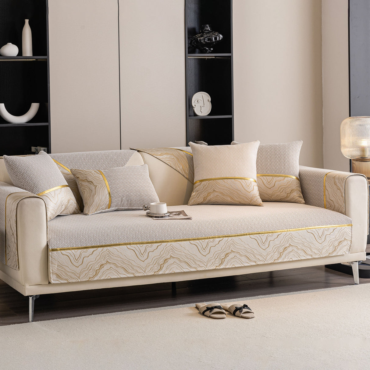 Non-Slip Couch Cover with Gold Trim, Sofa Slipcover for Sectional & Loveseat