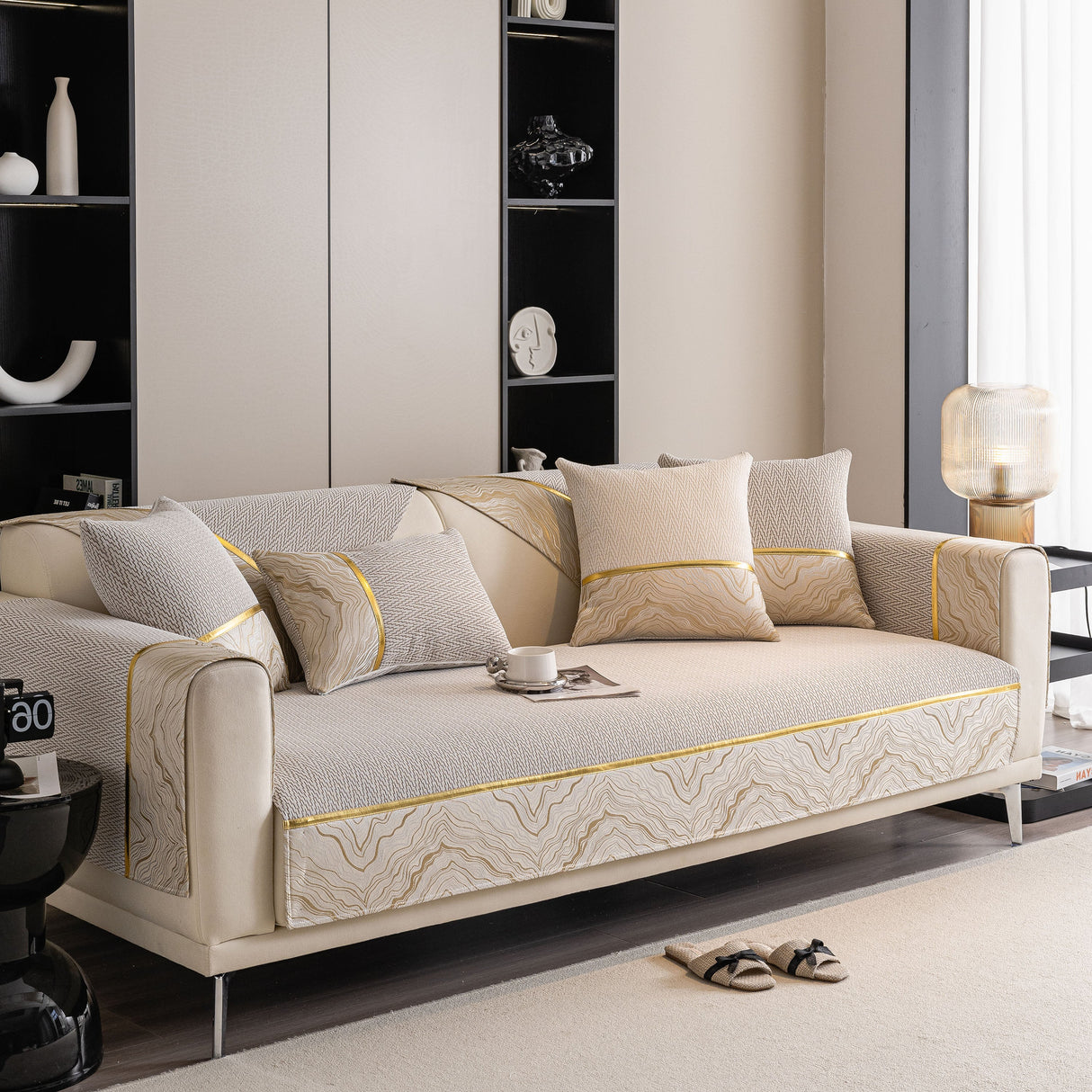 Non-Slip Couch Cover with Gold Trim, Sofa Slipcover for Sectional & Loveseat